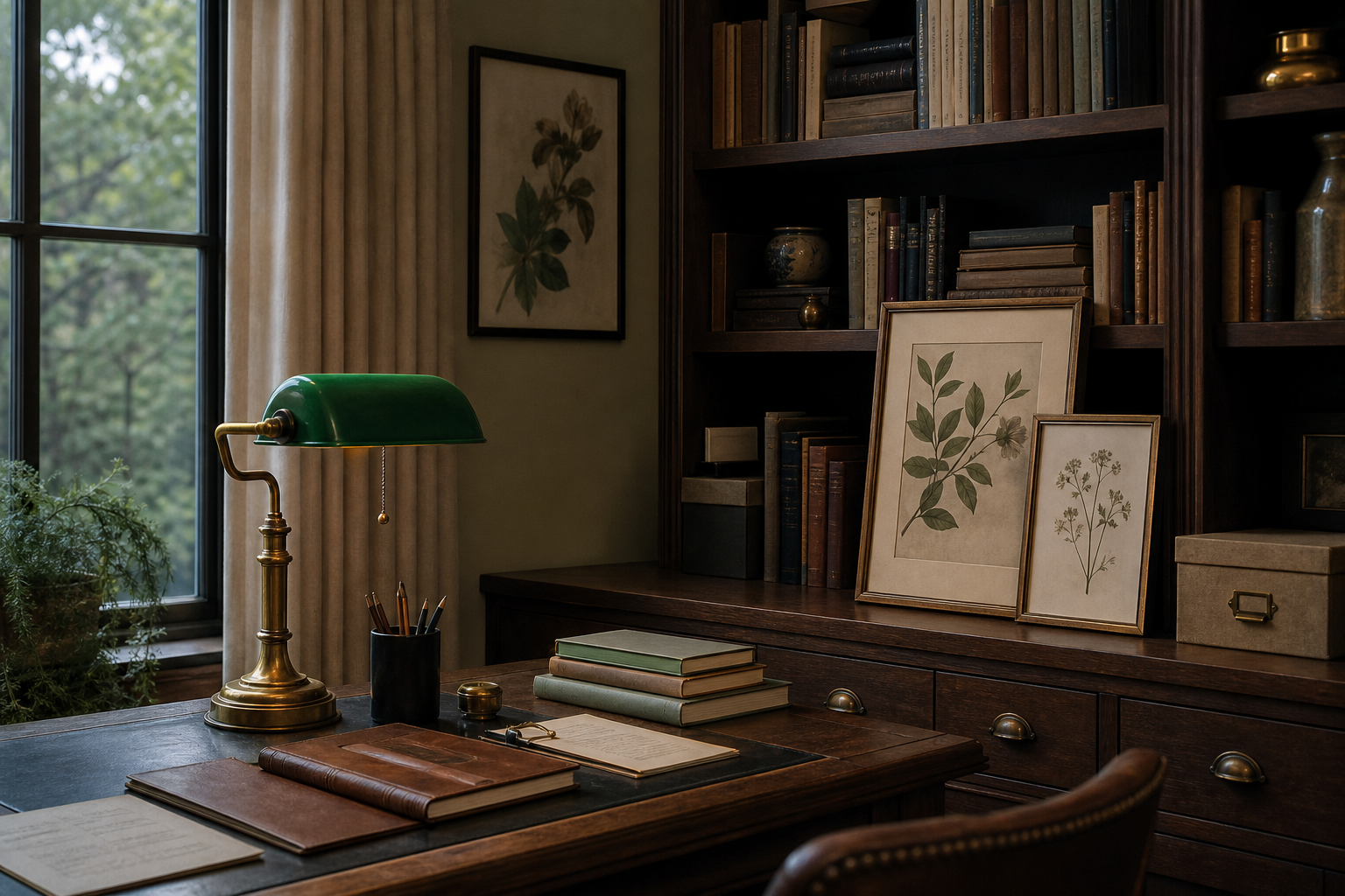 Study with framed vintage-style portraits and ephemera