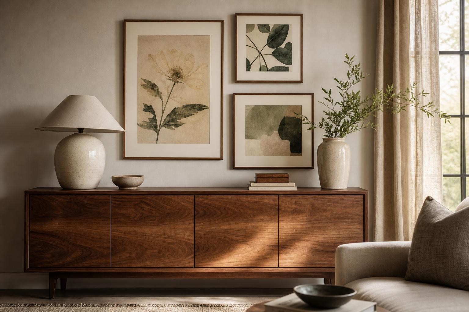 Vintage wall art arrangement above sideboard