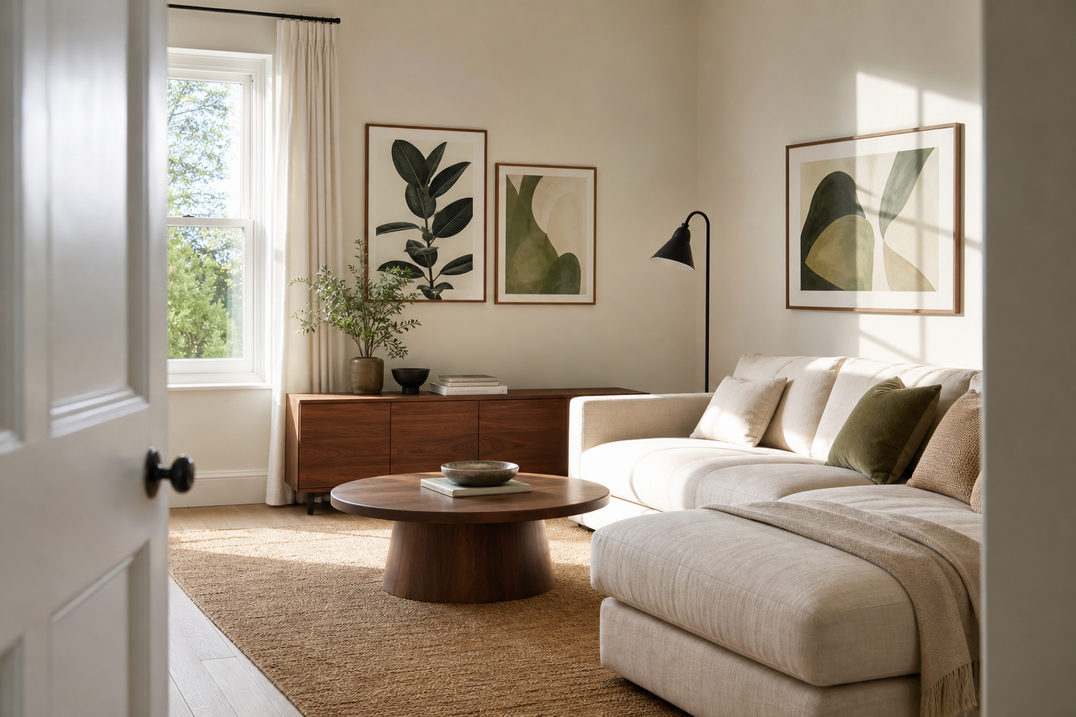 Living room corner with sofa and art positioned for entry sightline