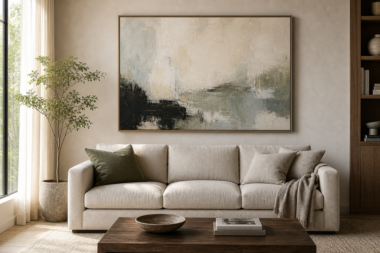 Large framed art above sofa showing correct scale