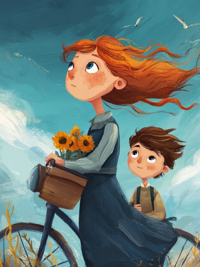 Children on Bicycle — Illustration Print. poster — illustration art