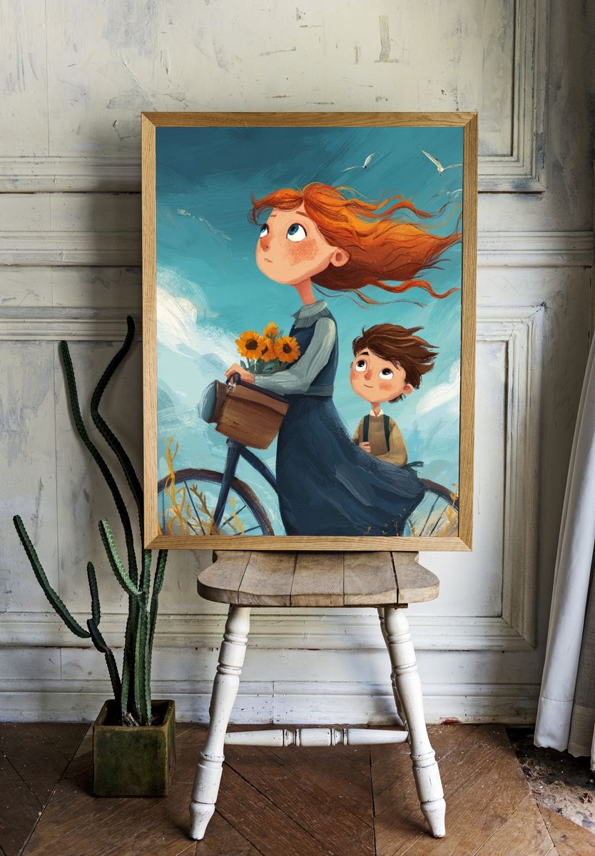 Children on Bicycle — Illustration Print. — room view 1
