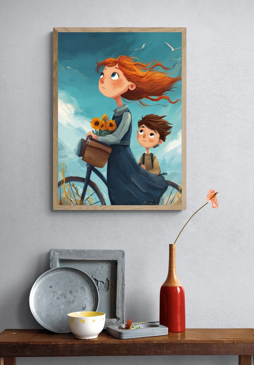 Children on Bicycle — Illustration Print. — room view 3