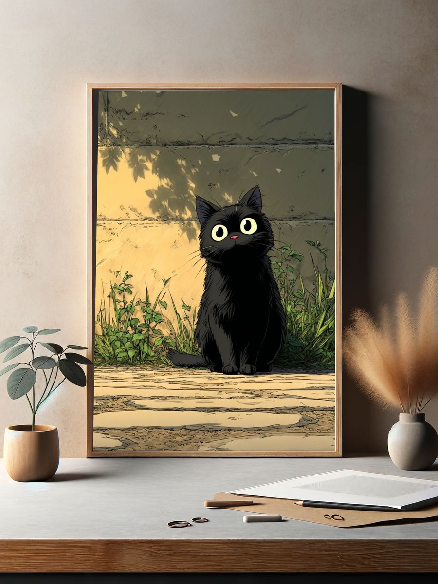 Curious Black Cat — Anime Print. — room view 2