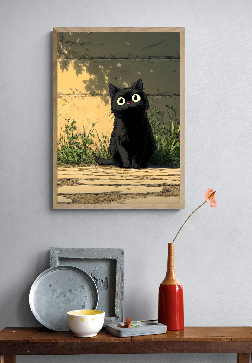 Curious Black Cat — Anime Print. — room view 3
