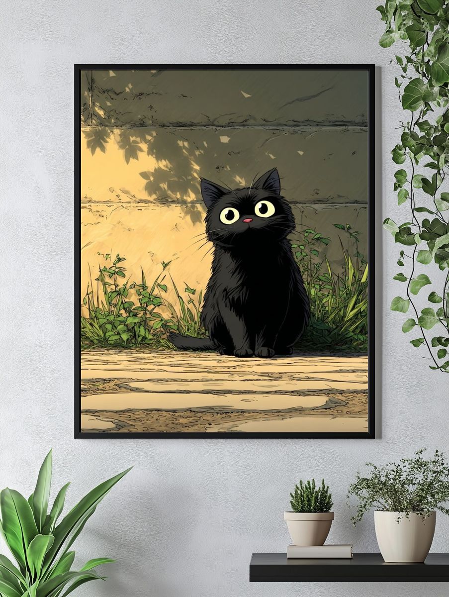 Curious Black Cat — Anime Print. — room view 4