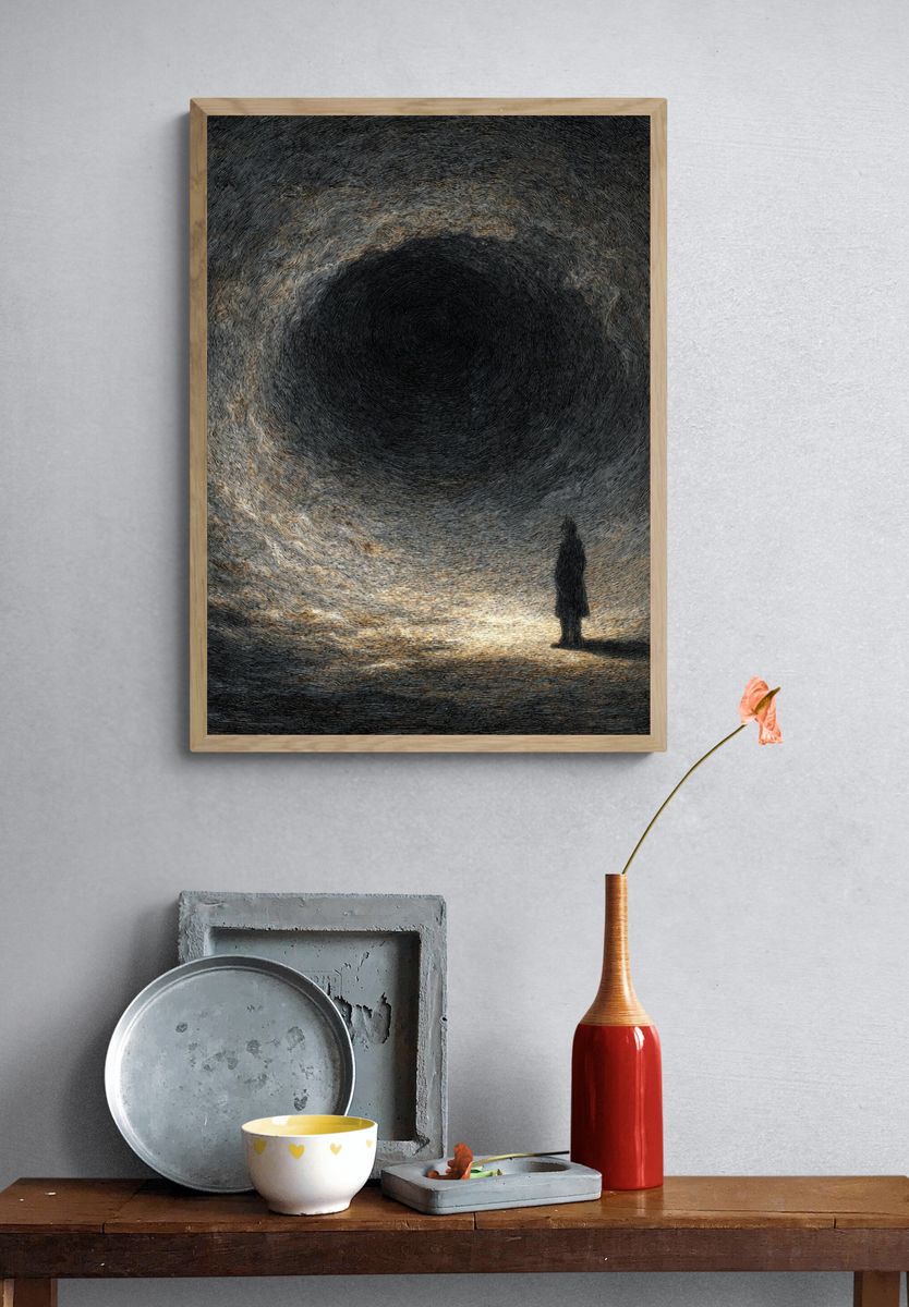 Solitary Figure in a Dark Tunnel — Abstract Print. — room view 3