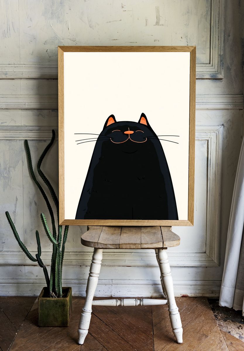 Happy Black Cat — Illustration Print. — room view 1