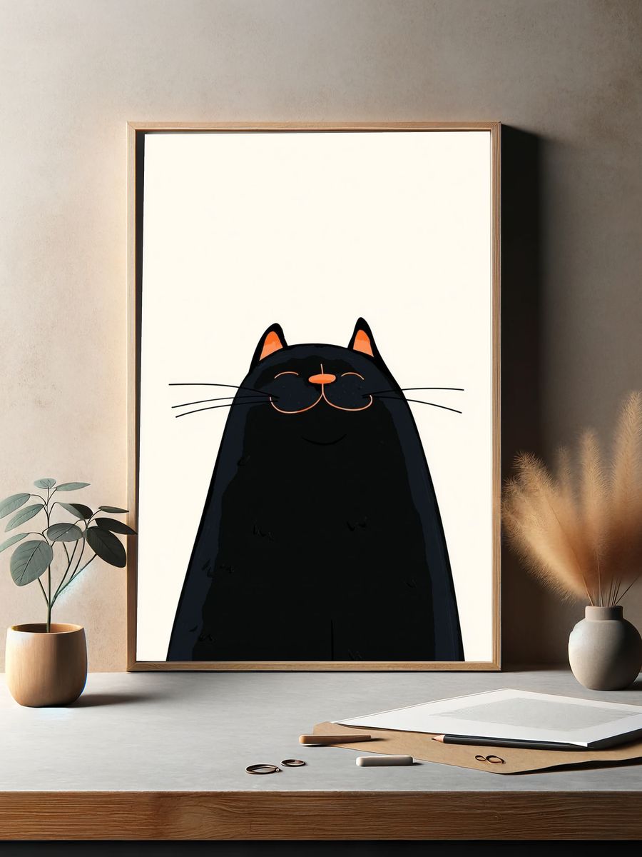 Happy Black Cat — Illustration Print. — room view 2