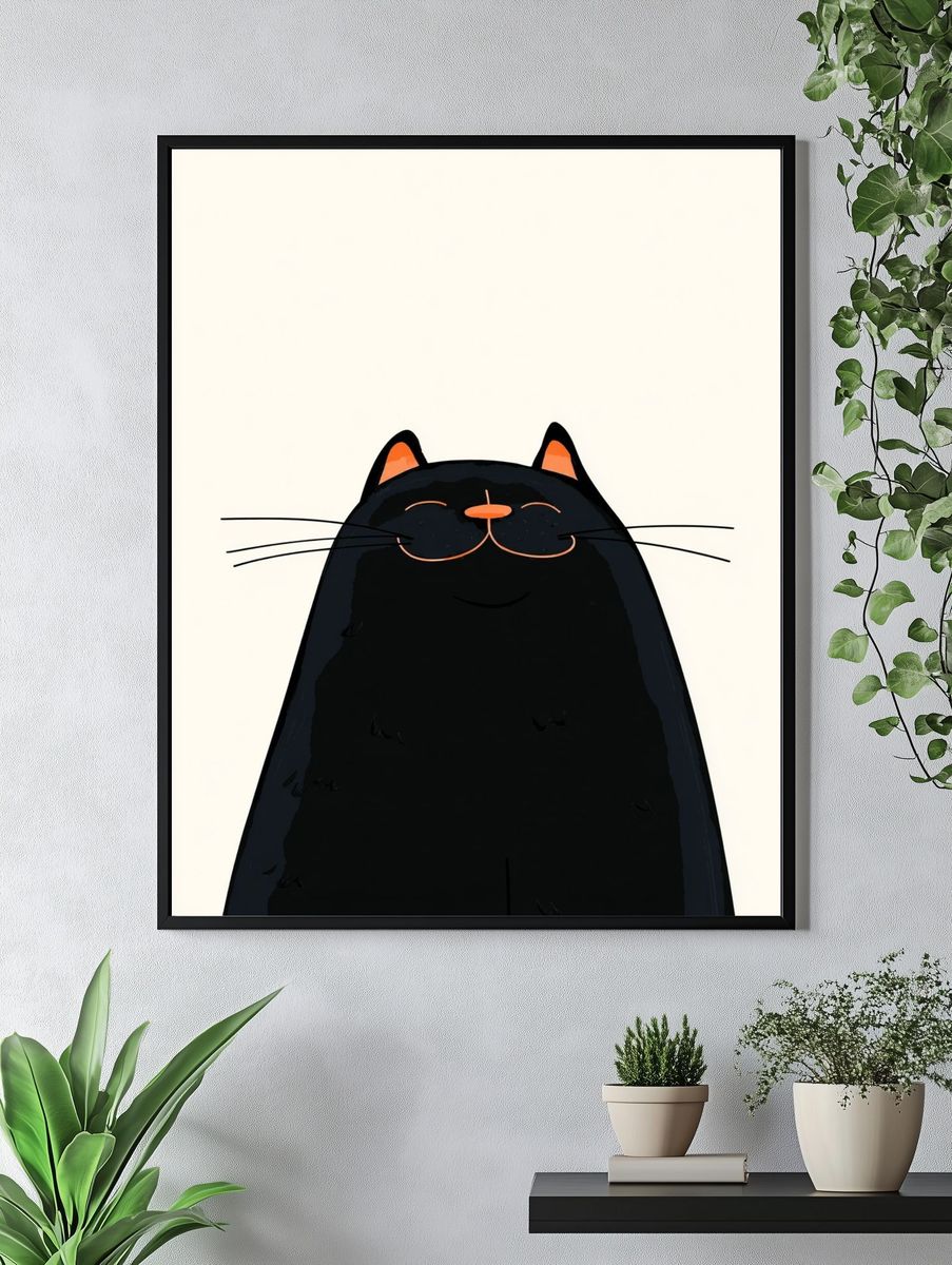 Happy Black Cat — Illustration Print. — room view 4