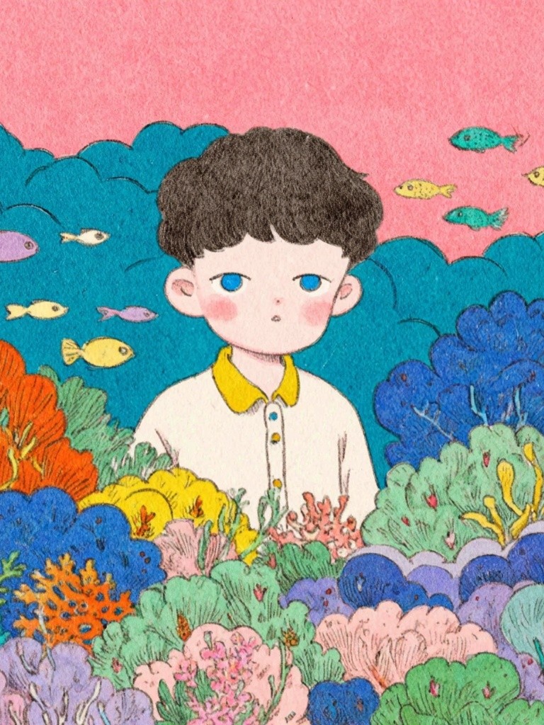 Boy Among Coral — Illustration Print. poster detail