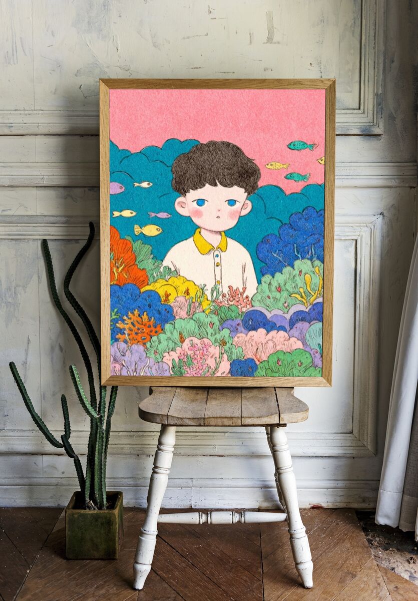 Boy Among Coral — Illustration Print. — room view 1