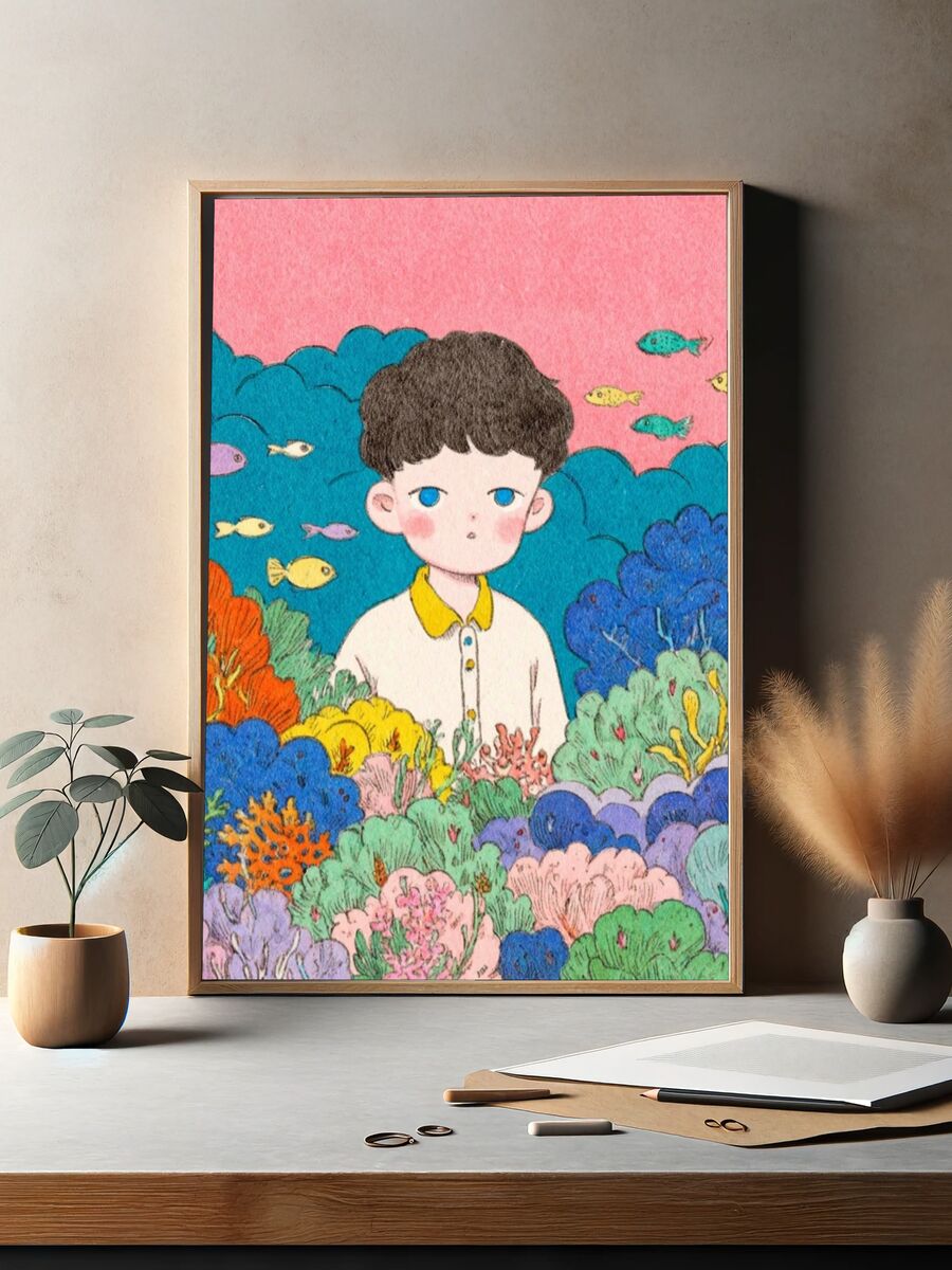 Boy Among Coral — Illustration Print. — room view 2