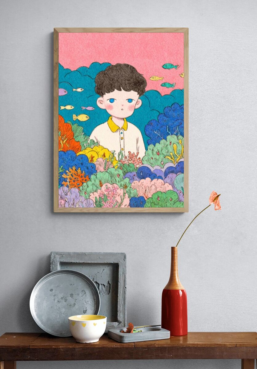 Boy Among Coral — Illustration Print. — room view 3