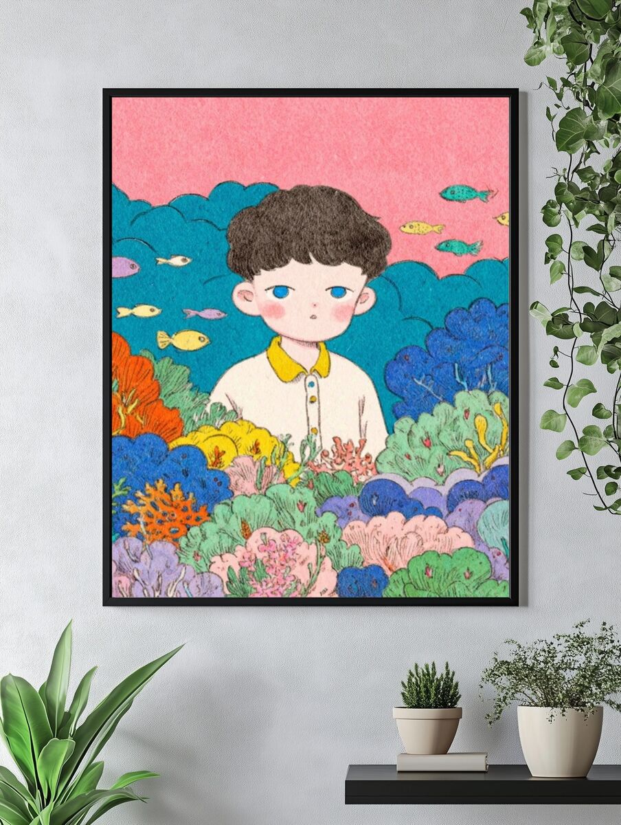 Boy Among Coral — Illustration Print. — room view 4