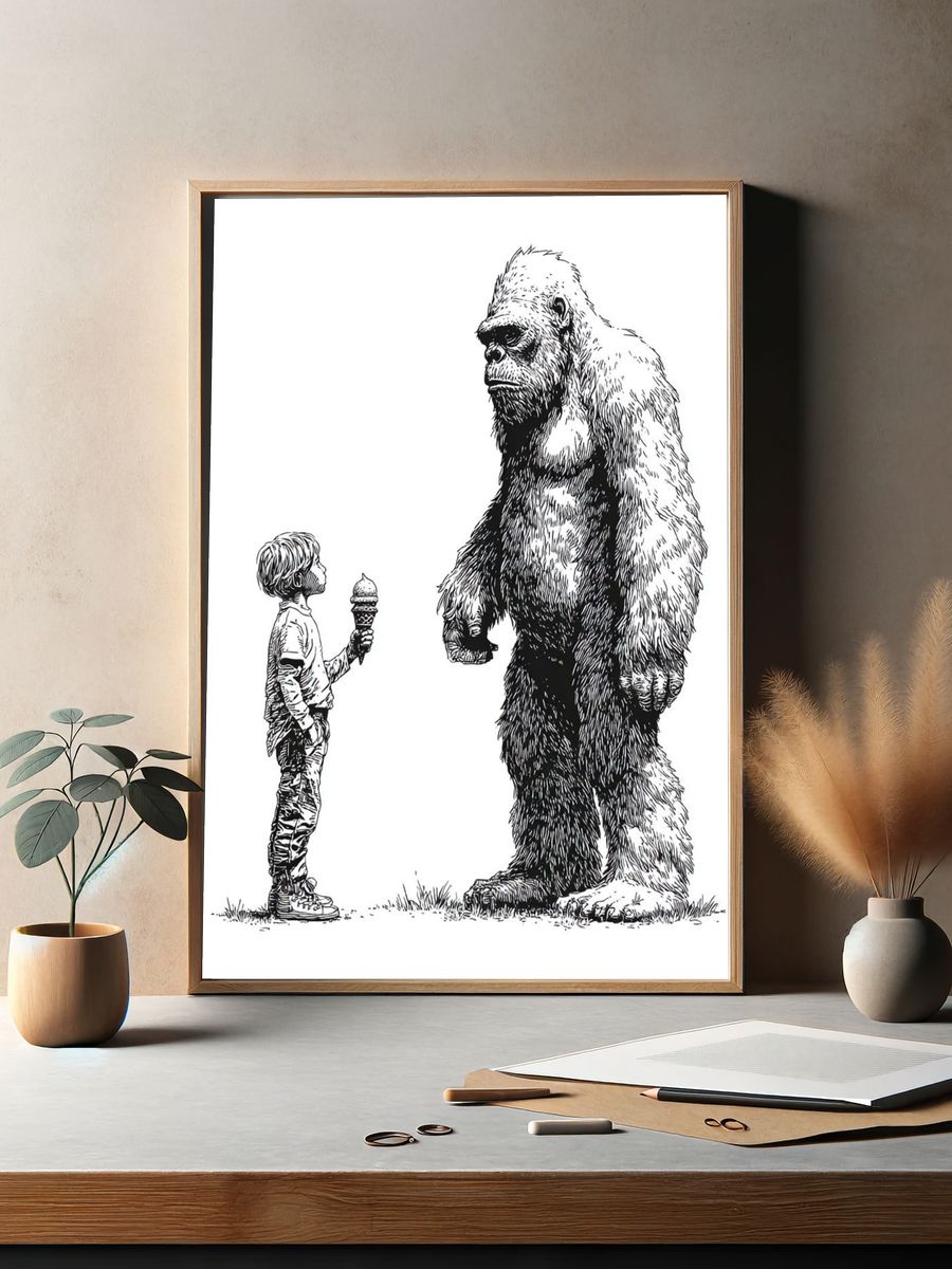 Child and Bigfoot — Illustration Print. — room view 2
