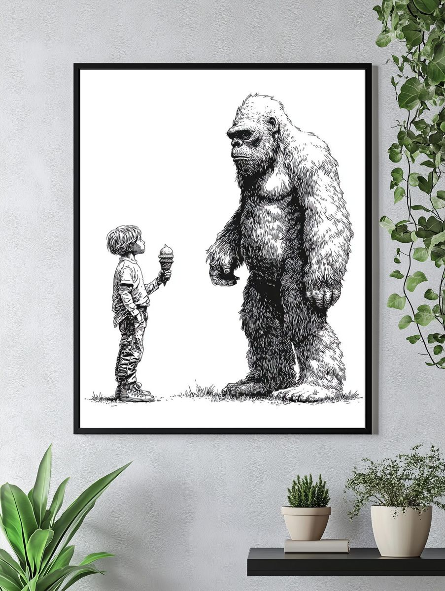 Child and Bigfoot — Illustration Print. — room view 4
