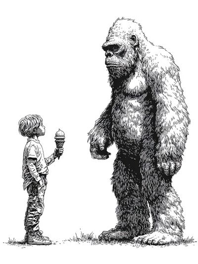 Child and Bigfoot — Illustration Print. poster print
