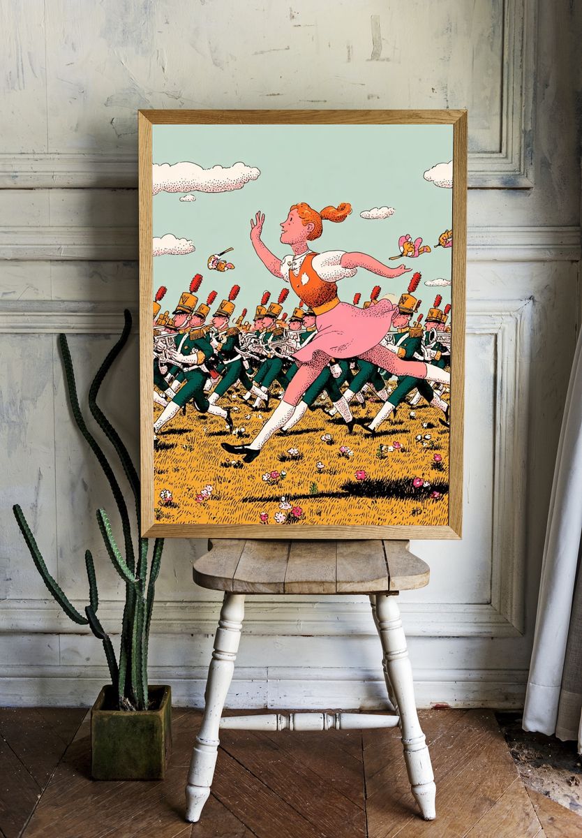 Girl Running with Marching Band — Illustration Print. — room view 1