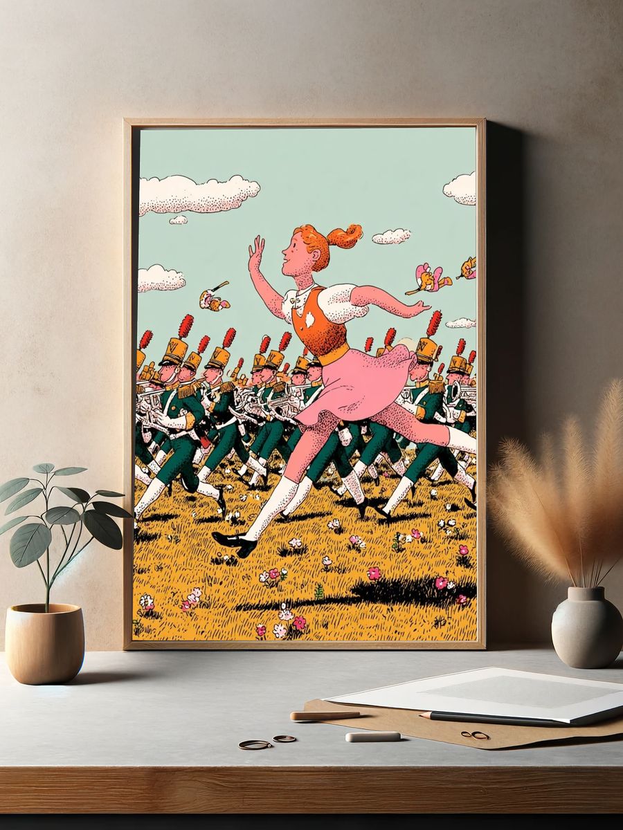 Girl Running with Marching Band — Illustration Print. — room view 2