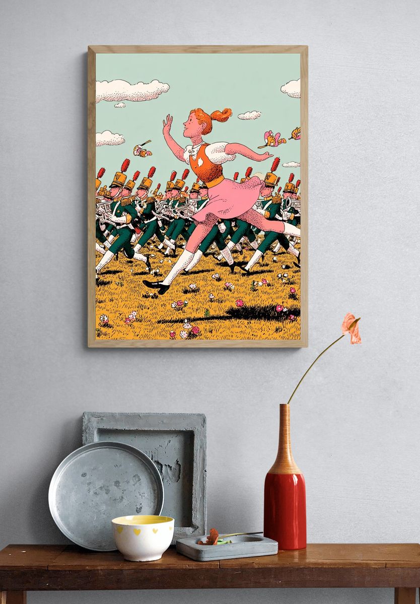 Girl Running with Marching Band — Illustration Print. — room view 3