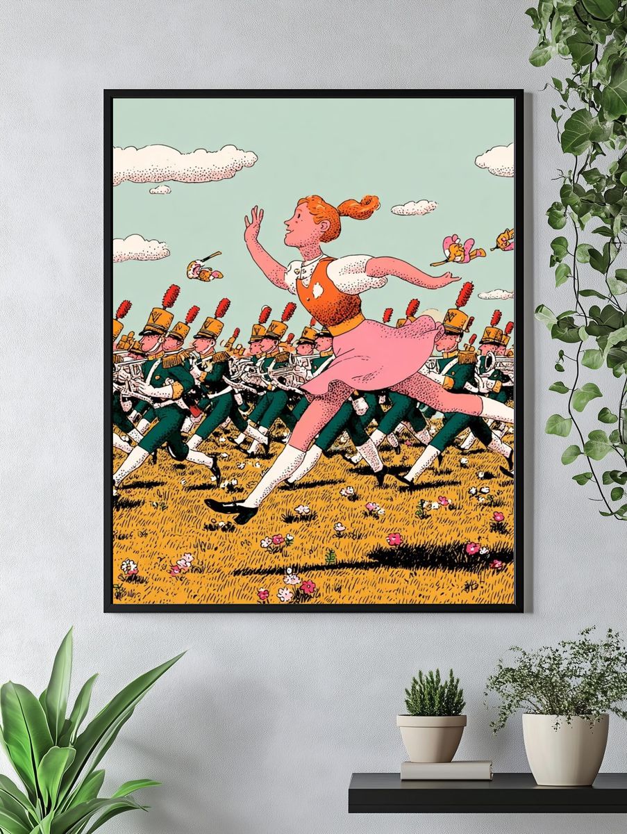 Girl Running with Marching Band — Illustration Print. — room view 4