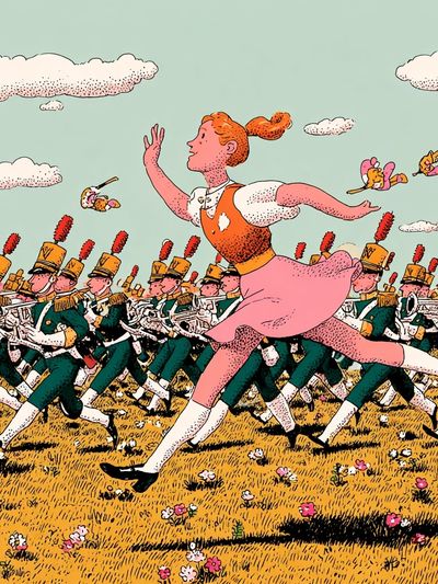 Girl Running with Marching Band — Illustration Print. poster