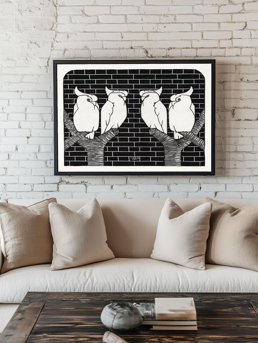 Cockatoos on a Branch — Minimalist Print. — room view 1