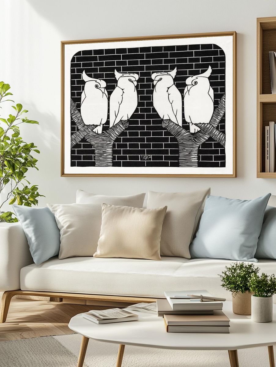 Cockatoos on a Branch — Minimalist Print. — room view 2