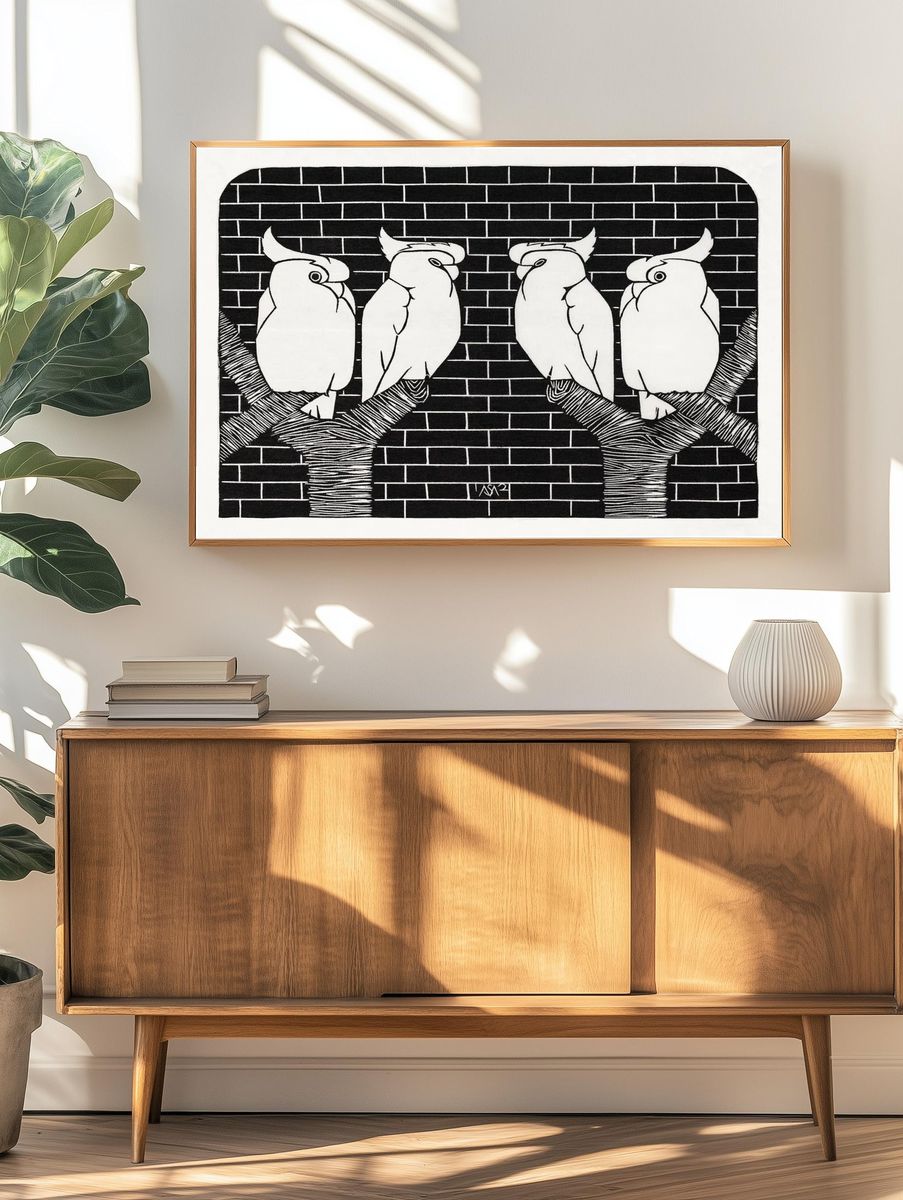 Cockatoos on a Branch — Minimalist Print. — room view 3