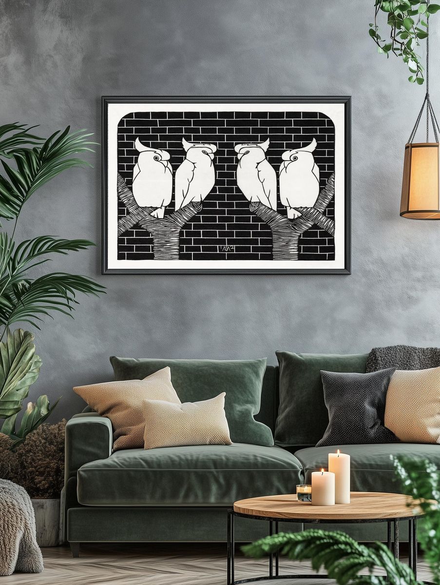 Cockatoos on a Branch — Minimalist Print. — room view 4