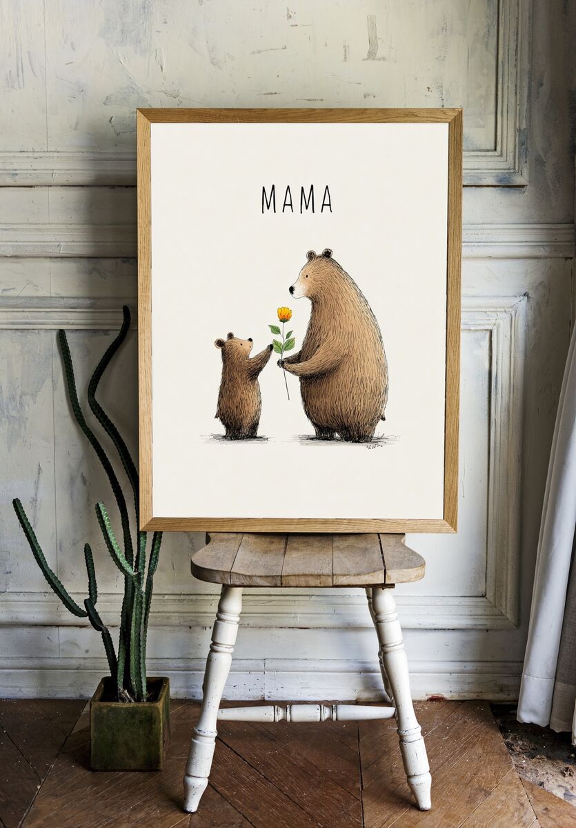 Mama Bear and Cub — Illustration Print. — room view 1