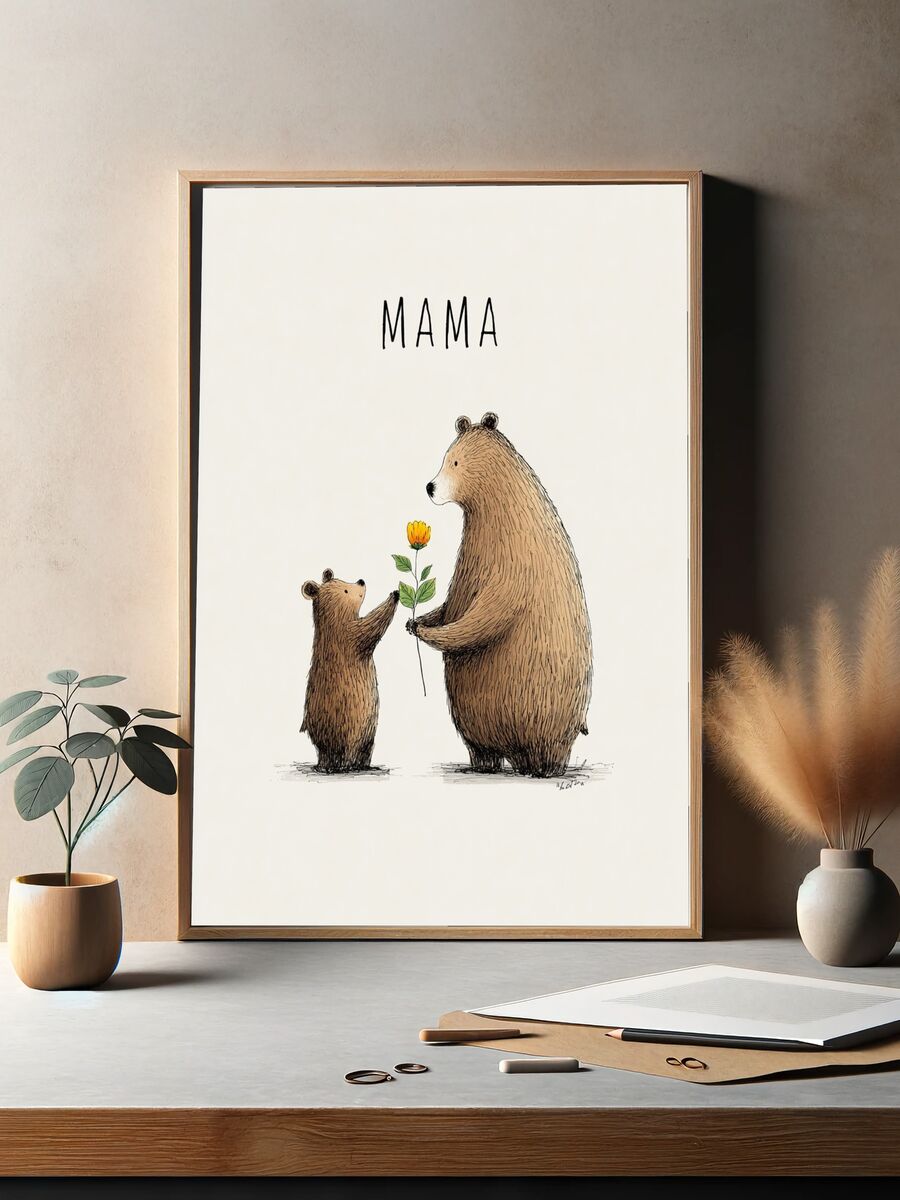 Mama Bear and Cub — Illustration Print. — room view 2