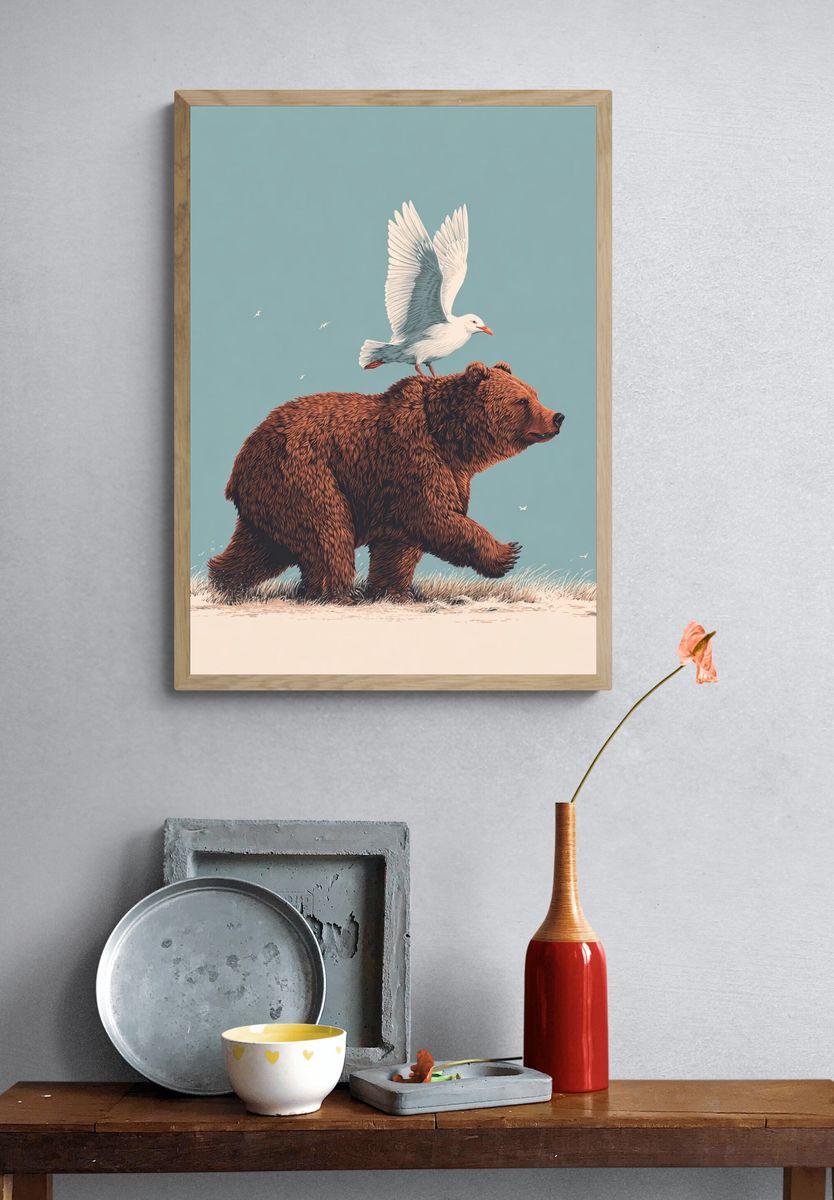 Bear and Bird — Illustration Print. — room view 3