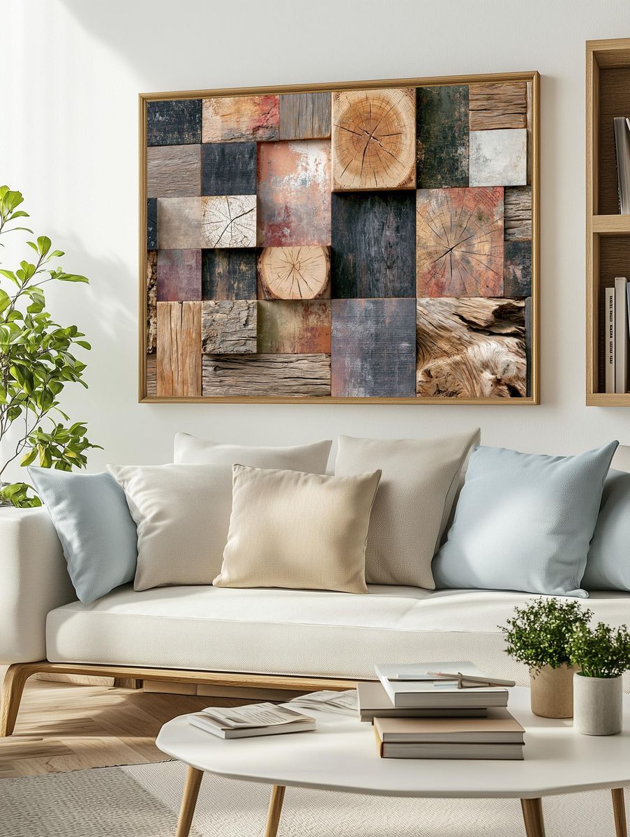 Rustic Wood Texture Collage Print. — room view 2