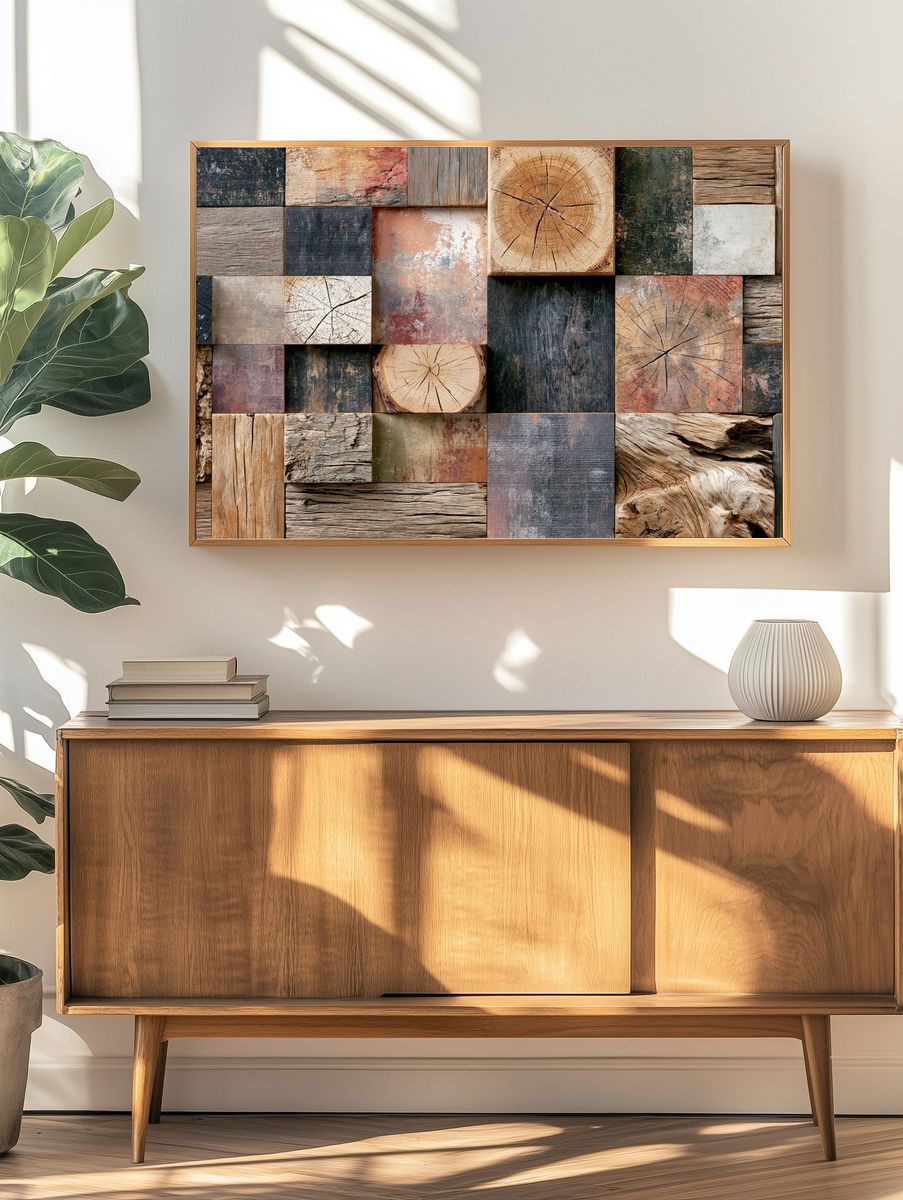Rustic Wood Texture Collage Print. — room view 3