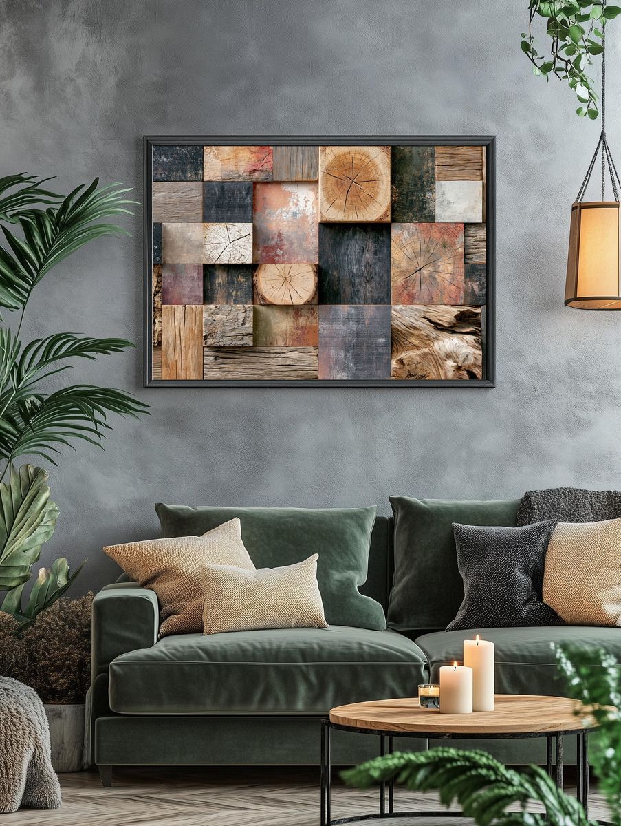 Rustic Wood Texture Collage Print. — room view 4