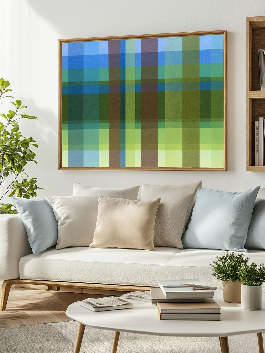 Geometric Blue Green Grid Poster. — room view 2