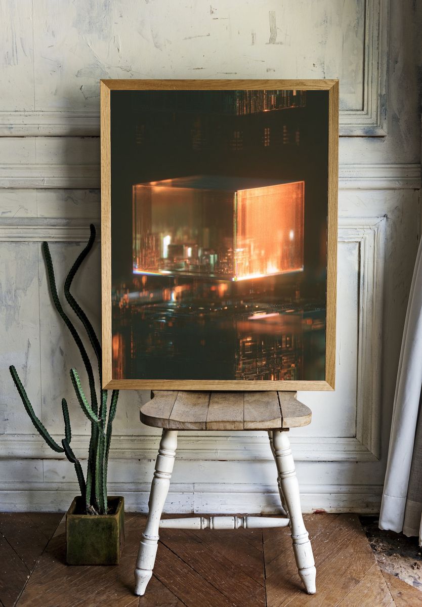 Glowing Glass Cube Abstract Print. room preview
