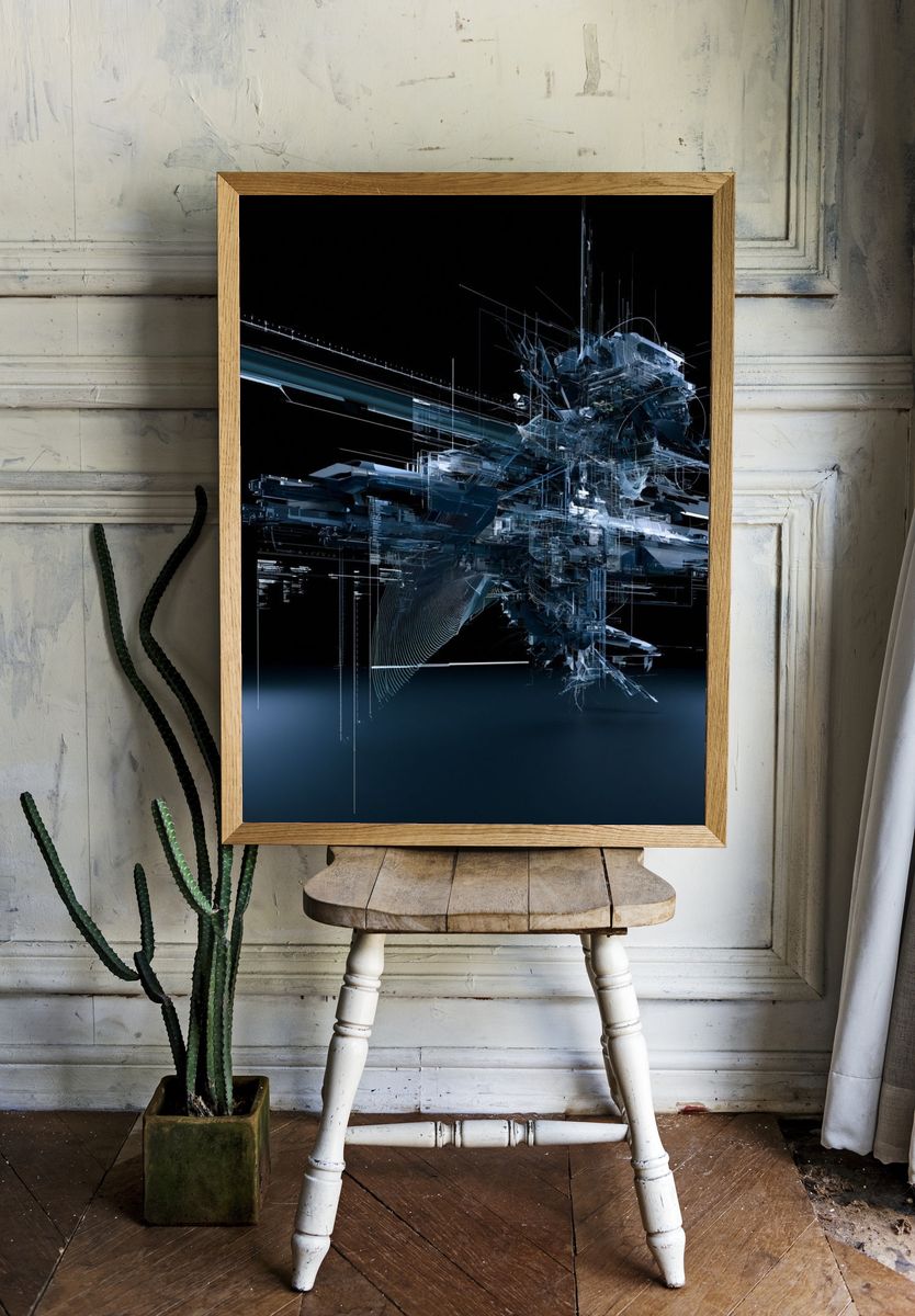 Futuristic Blue Glitch Abstract Poster. — room view 1