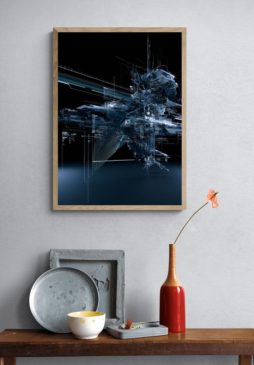 Futuristic Blue Glitch Abstract Poster. — room view 3