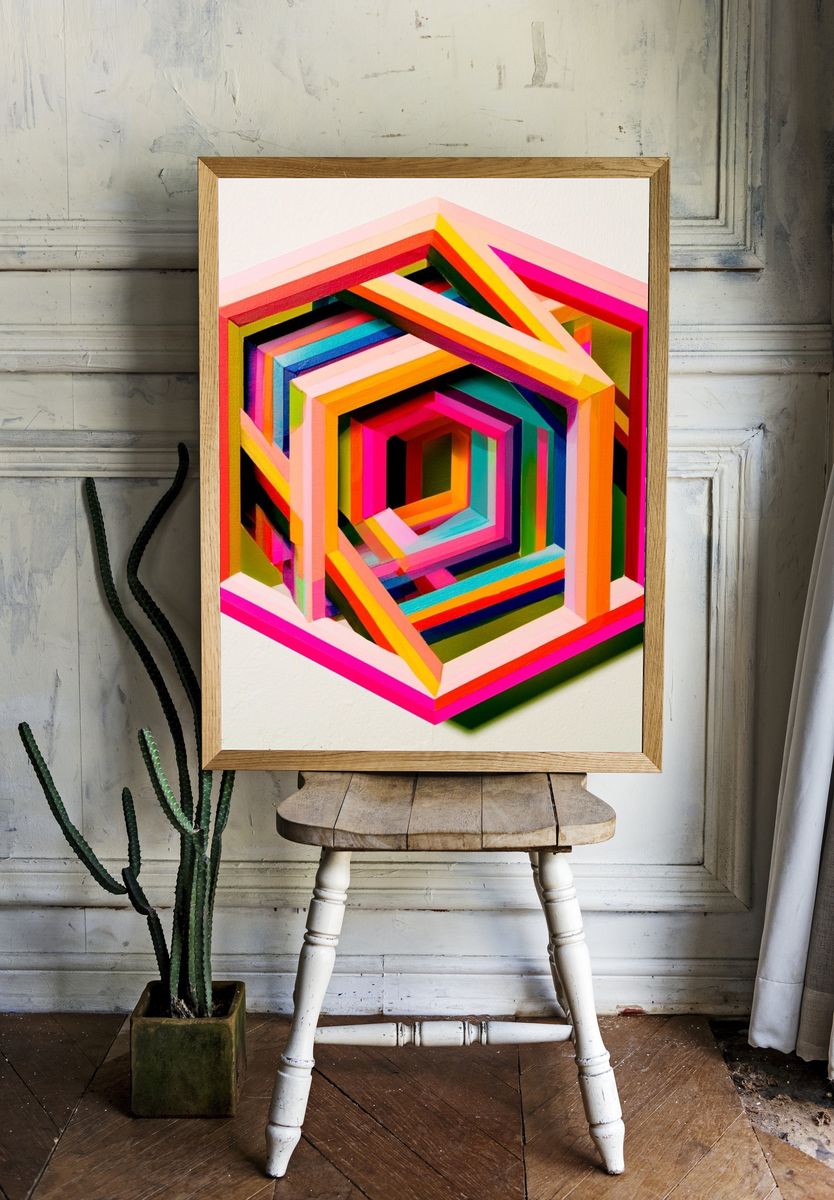Neon Geometric Tunnel Poster. — room view 1