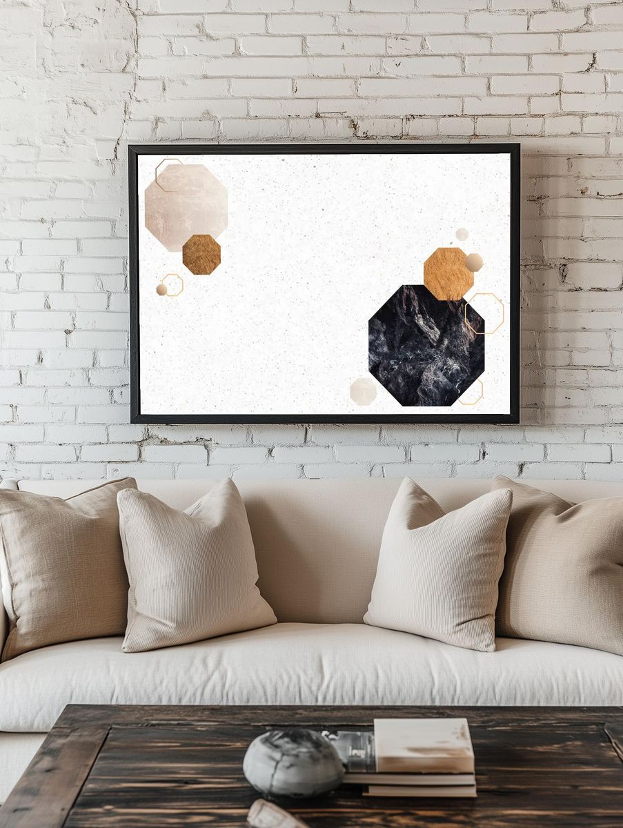 Octagon black marble textured frame. room preview