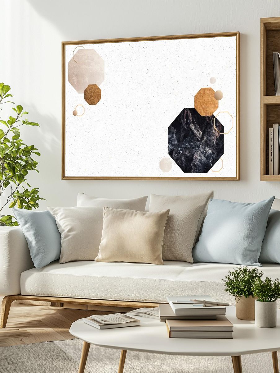 Octagon black marble textured frame. — room view 2