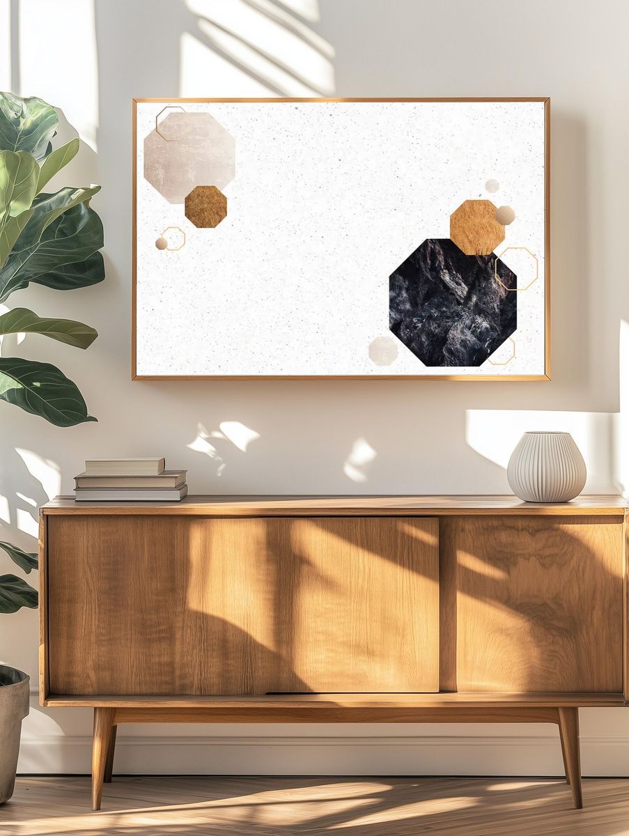 Octagon black marble textured frame. — room view 3