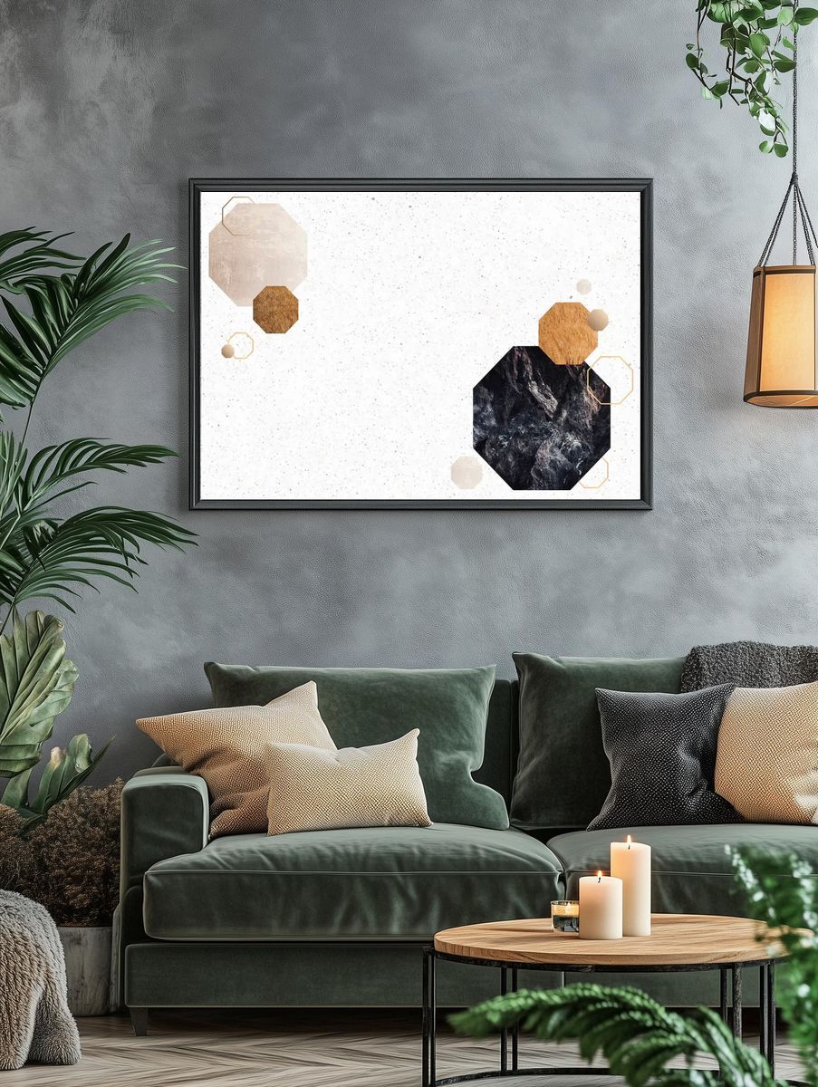 Octagon black marble textured frame. — room view 4