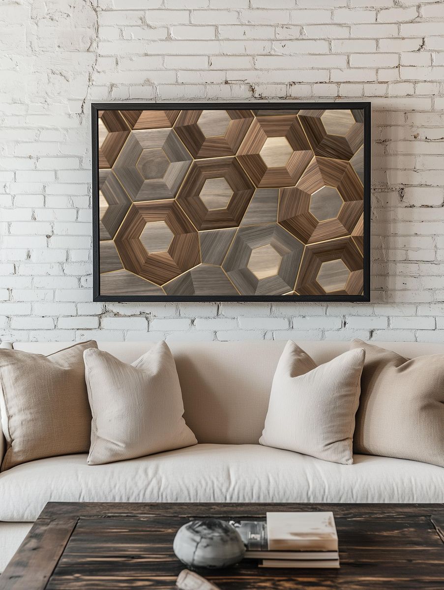 Wooden Hexagon Mosaic Abstract Poster. — room view 1