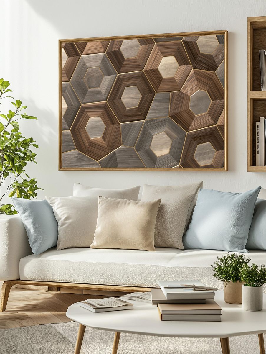 Wooden Hexagon Mosaic Abstract Poster. — room view 2