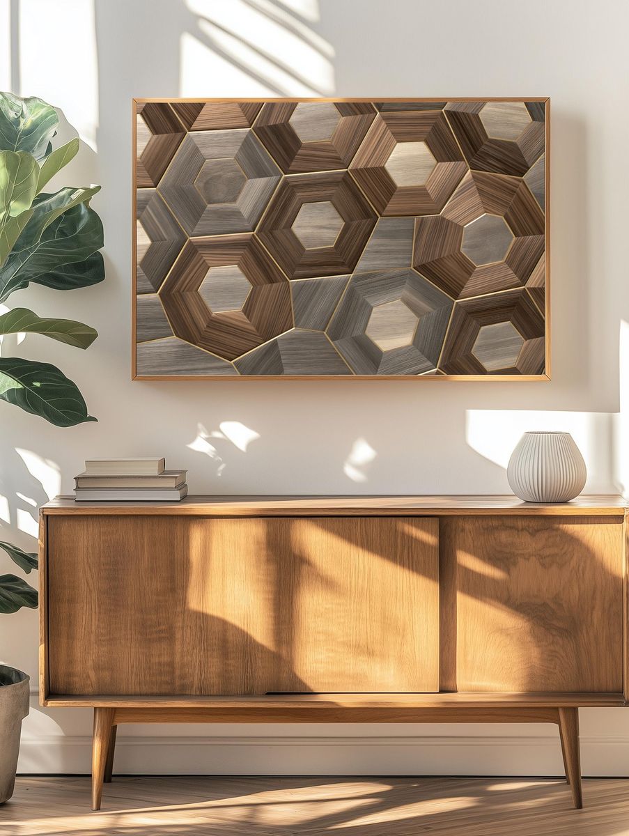 Wooden Hexagon Mosaic Abstract Poster. — room view 3