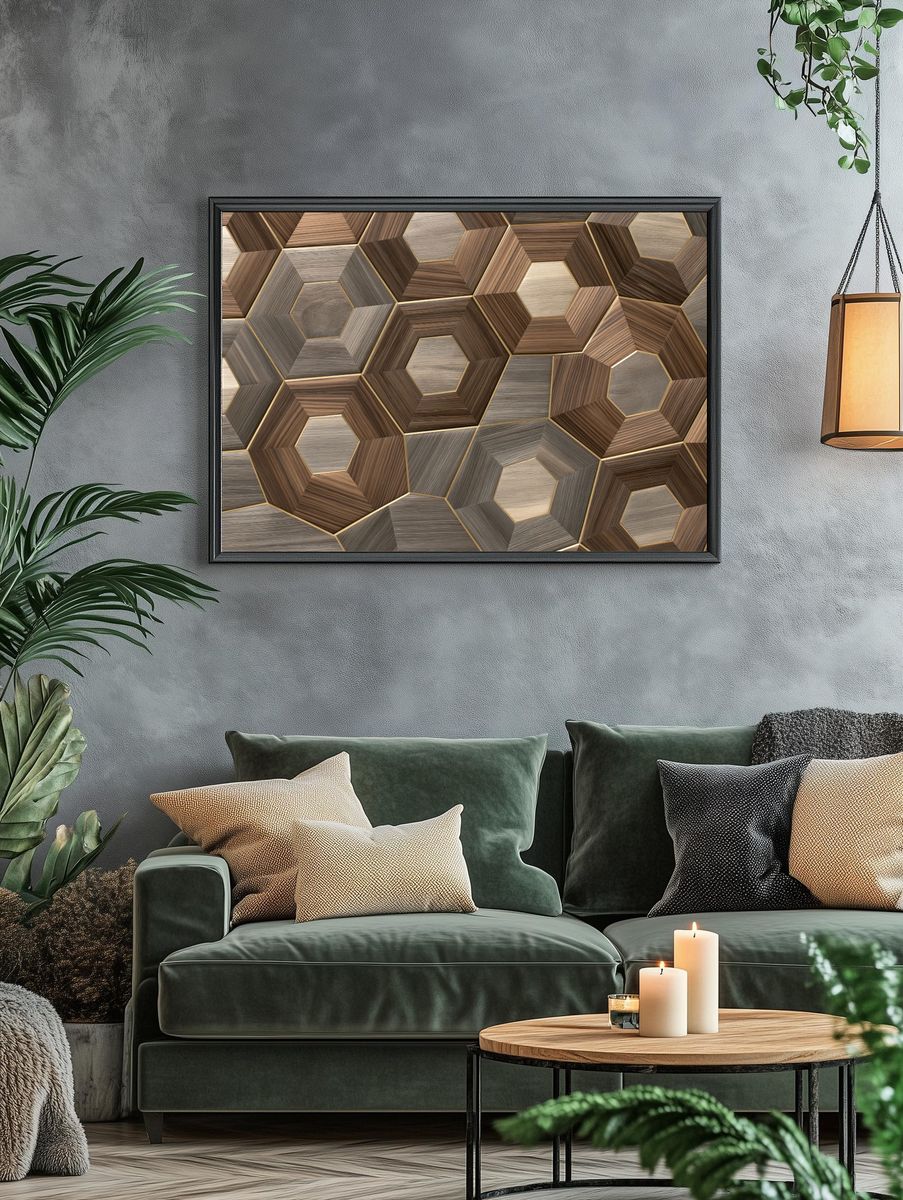 Wooden Hexagon Mosaic Abstract Poster. — room view 4